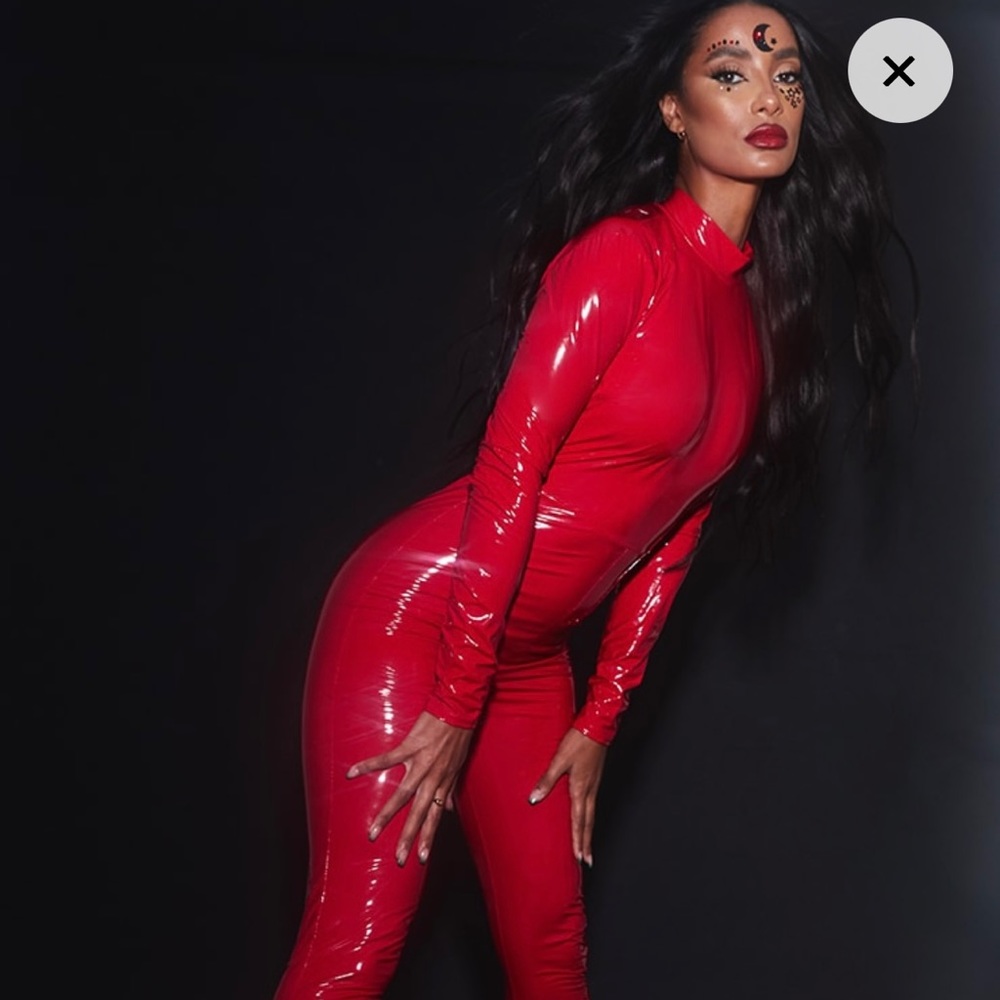 PrettyLittleThing Red Backless Vinyl Long Sleeve Jumpsuit